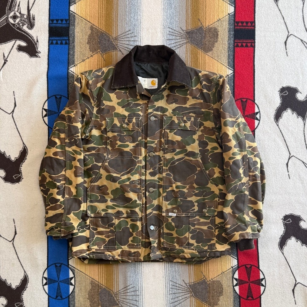 Vintage Carhartt CQ103 Camo Hunting Jacket Men Large Quilt Lined Duck Canvas USA